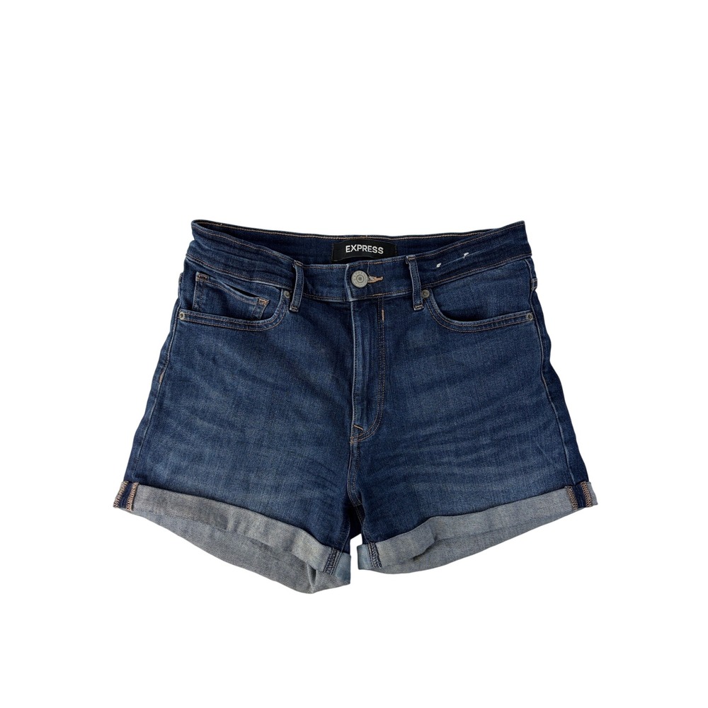 Express Denim Shorts Womens Size 4 Blue Midi High Rise Stretch‎ Cuffed Dark Wash